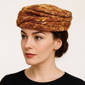 Vintage Valerie Modes Draped Turban Pillbox Hat – Metallic Gold & Bronze Brocade